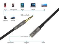 Audioleitung 1Mii 3,5mm Verlängerung, Stereo, 2pol. Klinkenstecker auf Buchse, 180cm lang, Nylon Gewebeumhüllung, vergoldete Anschlüsse, doppelte Abschirmung, verstärkte Aluminium Steckergehäuse - Fürth