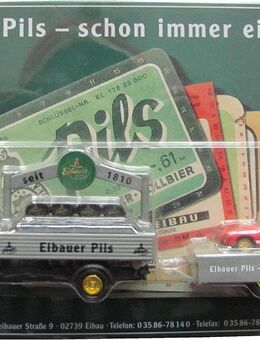 Eibauer Münch-Bräu Nr.60 - Eibauer Pils - Magirus Deutz Sirius & VW Karmann GHIA - Hängerzug Oldie mit Pkw auf Blechschild ca. 13,5 x 24,5 cm - Doberschütz