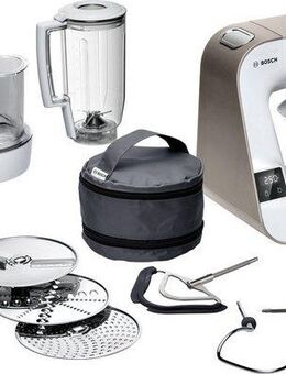 BOSCH Küchenmaschine Serie 4 MUM5XW20, integr. Waage, Durchlaufschnitzler, weiß/champagner, 1000 W, 3,9 l Schüssel, 4 Scheiben, Mixer, Edelstahlschüssel, Knethaken/Rühr-/Silikonbesen