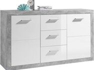 HBZ Sideboard Stone weiß Hochglanz, Wohnzimmerschrank BxHxT 147x89x37 cm (1 St), Mit 2 Türen, 3 geräumigen Schubkästen, 2 Einlegeböden verstellbar