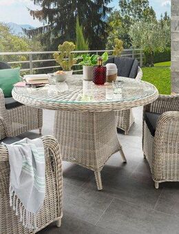 Destiny Garten-Essgruppe MALAGA LUNA, (Set, 5-tlg., 1 Tisch Ø, 4 Sessel), (Set, 13-tlg., 4x Sessel, 1 Tisch Ø 100x75 cm) Aluminium, Polyrattan