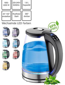 Edelstahl Glas Wasserkocher mit Temperaturwahl 2.200 Watt LED Beleuchtung - Wuppertal