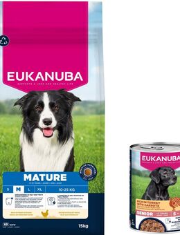 15 kg Eukanuba Premium Nutrition + 3 x 400 g passendes Nassfutter gratis! - 15 kg Mature Medium Breed Huhn + 3 x 400 g Senior Pute mit Karotten