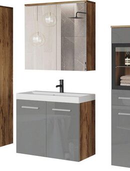 welltime Badmöbel-Set MADRIT II, Schrank mit Waschbecken, 2 Hänger, Spiegelschrank, (Komplett-Set, 5-St), Hängende Badmöbel mit Glaseinsätzen – in vielen Farben erhältlich