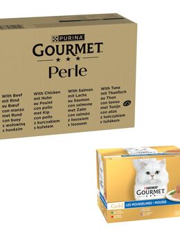 96 x 85 g Jumbopack Gourmet + 24 x 85 g passendes Nassfutter gratis! - 96 x 85 g Perle: Rind, Huhn, Lachs, Thunfisch in Sauce + 24 x 85 g Gold Feine Pastete: Kaninchen, Kalb, Rind, Lamm