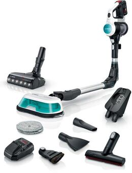 BOSCH Akku-Stielstaubsauger Unlimited 7 ProHygienic Aqua BKS71HYG1, 2in1 Saugen & Wischen, beutellos, Knickrohr, Hygiene-Filter, 10 J. Motorgarantie, Schnellladegerät, weiß