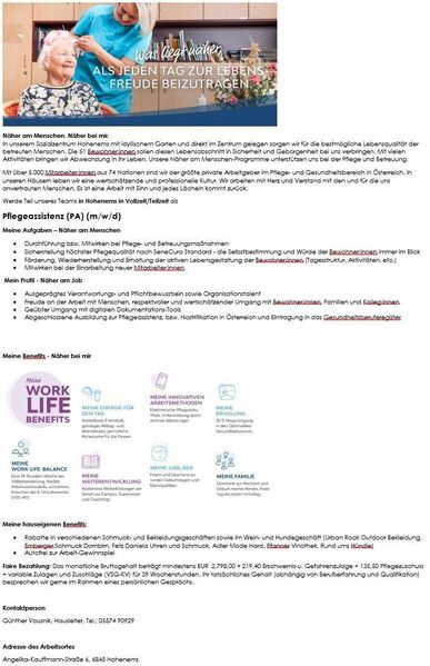 SeneCura Hohenems (Vorarlberg) sucht Pflegeassistent*in in Voll oder Teilzeit - Lindau (Bodensee)
