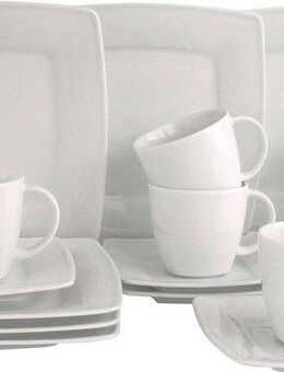 CreaTable Kaffeeservice Victoria Weiss (18-tlg), 6 Personen, Porzellan, abgerundete, quadratische Form