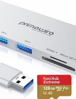 USB 3.0 - Typ A, Speicherkartenleser DUAL - SD & MicroSD Laufwerke, 3fach Hub - 3x USB 3.0 - Typ A, SanDisk Extreme - MicroSDXC 128GB mit einer Datenübertragung von bis zu 200MB/s - Fürth