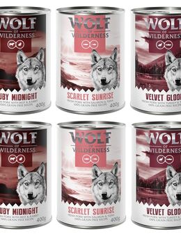 6 x 400 g Wolf of Wilderness Nassfutter zum Probierpreis! - Mixpaket: Ruby Midnight, Scarlet Sunrise, Velvet Gloom