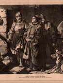 Alte Grafik , Luther`s Ankunft auf der Wartburg ., Nach seinem Gemälde auf Holz gezeichnet von Paul Thumann. , Blatt 31cm x 22cm , M7 in 02828