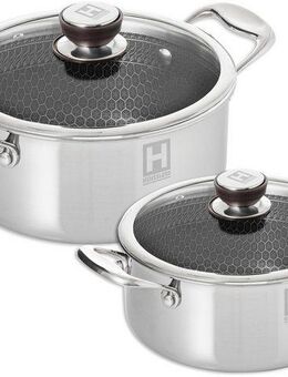HENSSLERS Topf-Set, Edelstahl (Set, 2-tlg., je 1 Kochtopf Ø 20 und 24 cm, mit Glasdeckel), 3-Schicht Material mit Wabenstruktur, Induktion, 2,8L und 5,0L