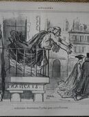 Lithografie , Karikatur , Andromaque abandonnaut Pyrrhus pour suivre Barnum., Grafik von Cham , Nummer 409 , aus dem Jahr 1855 , Blatt 37cm x 26cm , M70 in 02828