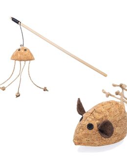 beeztees Catnip Katzenspielzeug-Set Kork - Kork-Maus Reinie + Katzenangel Oktopus Tako
