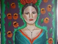 Acrylmalerei einer Frida Kahlo Variante Mexikanerin Folklore Rosen Blumen - Zweibrücken