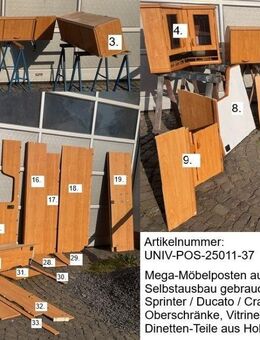 Mega-Möbel-Posten für Selbstausbau gebraucht Wohnmobil / Wohnwagen / Sprinter / Ducato / Crafter usw (3 Paletten, 37 Teile) Oberschränke, Vitrineneckschrank, Bretter, Schranktür, Dinettenteile aus Hobby 440 TB BJ 93 (blau) - Schotten Zentrum