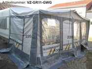 Vorzelt Gr. 11 Umlaufmaß gebr. mit Stahlgestänge in zeitlosem Design (grau weiß gelb) Sonderpreis ca 430 x 220 H220 - Schotten Zentrum