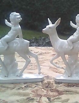 2 Thüringer Porzellan Figuren des Art Deco Putto auf Reh mit Marke und Thuringia - Wuppertal