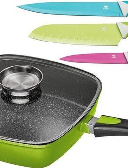 KING Bratpfanne, Aluminiumguss (Set, 5-tlg., 1 Eckpfanne, 1 Glasdeckel, 3 Messer), 28x28 cm, abnehmbarer Griff, Induktion, Aromaknopf