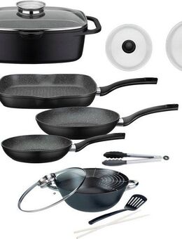 GSW Topf-Set Gourmet, Aluminiumguss (Set, 8-tlg., 3-tlg. Pfannen-Set, 2 Glasdeckel, 1 Bräter, 1 Wok, 1 Küchenzange), Induktion