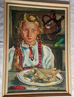 Gemälde Mädchen mag keinen Fisch Tempera Vegan Vegetarier Contemporary Art - Nürnberg
