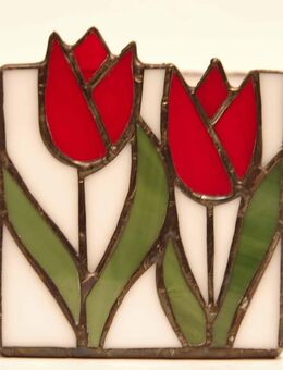 Windlicht mit Bleiverglasung, weiß, farbiges Tulpenmotiv - Münster