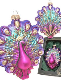 Krebs Glas Lauscha Christbaumschmuck Pfau, Multicolor, 11cm (1-tlg), Christbaumschmuck aus Glas, mundgeblasen, handgefertigt, Tierfigur