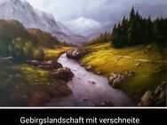 Gebirgslandschaft mit dem Bach, Bäumen und verschneite Gipfeln. - Nürnberg