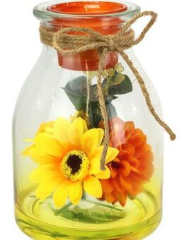 I.GE.A. Teelichthalter Teelichthalter aus Glas mit Teelichtkerze (1 St), Herbstlich dekoriert mit Sonnenblume Dahlie Eukalyptus Kerze Windlicht