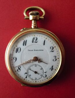 Antike Taschenuhr 585er Gold. Marke "Union Horlogere" um 1900. Zierliche Damen Hängeuhr, sog. "Frackuhr", Taschen Uhr. Durchm. 33-34 cm. Circa 120 Jahre alte Uhr. - Bad Oeynhausen