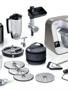 BOSCH Küchenmaschine Serie 4 MUM5XL74, integrierte Waage, Edelstahlschüssel, Mixer, Weiß, 1000 W, 9,4 l Schüssel, 7 Stufen, Fleischwolf, Würfelschneider, zusätz. Kunststoffschüssel