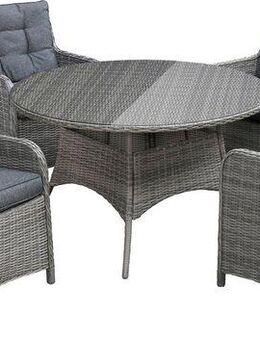 KONIFERA Garten-Essgruppe Menorca, (Set, 13-tlg., 4x Sessel, 1x Tisch ØxH: 120x75cm, inkl. Auflagen), Polyrattan, Aluminium, Tischplatte aus 5mm starkem Sicherheitsglas