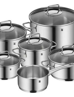 WMF Topf-Set Astoria, Cromargan® Edelstahl Rostfrei 18/10 (Set, 11-tlg., 2x Bratentopf mit Deckel, 3x Kochtopf mit Deckel, 1x Stielkasserolle), 11-teilig, hochglanzpoliert, mit Schüttrand, TransTherm-Allherdboden
