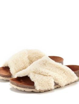 LASCANA Mule, Sandale, offener Schuh, Pantolette Hausschuh mit Korkfußbett und Fellimitat