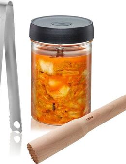 GEFU Fermentationsglas NATIVO, Borosilikatglas, Edelstahl, Holz, Kunststoff, Silikon, (Set, 5-tlg), 1L Fermentationsglas mit Deckel, Beschwerungsgewicht, Stößel und Zange