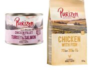Purizon Kombi-Paket: 24 x 200 g Nassfutter + 2,5 kg Trockenfutter - Hühnerfilet mit Truthahn & Lachs + Original Huhn mit Fisch