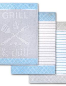 Dyckhoff Geschirrtuch Grill & Chill, mit 3 verschiedenen Motiven, Maße je Tuch ca. 50x70 cm, (Set, 3-tlg), aus 100% Baumwolle, mit Grillbesteck-Motiv und Schriftzug