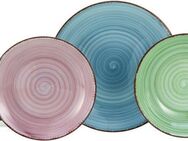 CreaTable Teller-Set Samba Bunt, Tellerset 12 tlg (12-tlg), 4 Personen, Porzellan, Handgemalter Spiraldekor