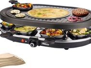 PRINCESS Raclette 162700 - Oval - 8 Pfannen, 8 Raclettepfännchen, 1200 W, Multifunktionale Platte, inklusive 8 Pfännchen und 8 Holzschabern