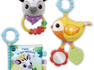 Vtech® Greifspielzeug Vtech Baby, Babys Tierfreunde-Geschenkset (Set, bestehend aus Greifling, Stoffbüchlein und Rassel), aus recyceltem Material
