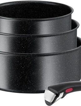Tefal Topf-Set L39996 Ingenio Black Stone, Topfset Induktion stapelbar, Antihaft, Aluminium (Set, 4-tlg., je 1 Stielkasserolle Ø 16/18/20 cm, 1 abnehmbarer Griff), Thermo-Signal bei idealer Brattemperatur, für alle Herdarten geeignet