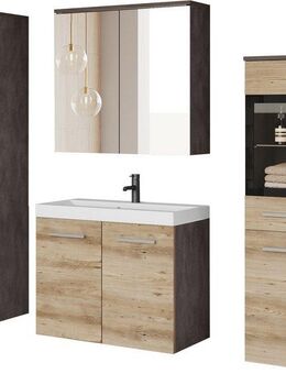 welltime Badmöbel-Set MADRIT II, Schrank mit Waschbecken, 2 Hänger, Spiegelschrank, (Komplett-Set, 5-St), Hängende Badmöbel mit Glaseinsätzen – in vielen Farben erhältlich