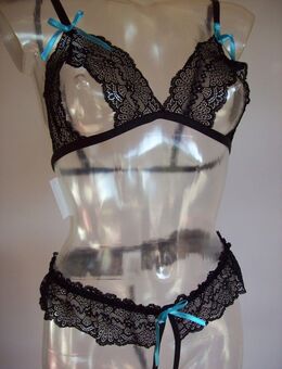 NEU BH -Set Ouvert schwarz mit hellblauer Schleife Spitze M L - Kalletal