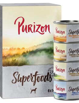 Purizon Superfoods 6 x 140 g - Mixpaket (2xHuhn, 2xThunfisch, 1xWildschwein, 1xWild)