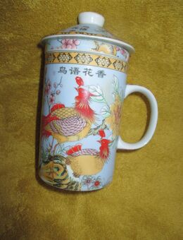 NEU * Asia- Style * SET * Blumen * Blüten * Paradiesvögel * Fasane * Porzellan * Tee- Tasse mit Filtereinsatz und Deckel "NANA" hell-blau * bunt * - Riedlingen