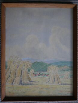 Aquarell mit Bleistift , Landschaft mit Kornpuppen ,Künstlermonogramm , datiert 1947 , Größe mit Rahmen 47cm x 37cm - Görlitz