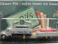 Eibauer Münch-Bräu Nr.60 - Eibauer Pils - Magirus Deutz Sirius & VW Karmann GHIA - Hängerzug Oldie mit Pkw auf Blechschild ca. 13,5 x 24,5 cm - Doberschütz