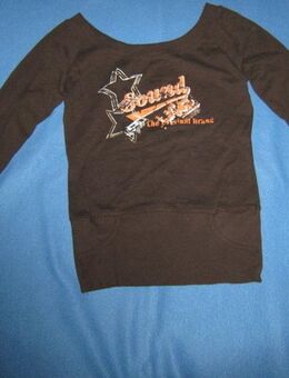 Ausgefallen * stylisch * Off Shoulder * Carmen- Ausschnitt * Glitzer Print * DESIGNER * Longsleeve * Langarm * T-  Shirt * Gr. 36- 38/ S * schoko- braun * orange * - Riedlingen