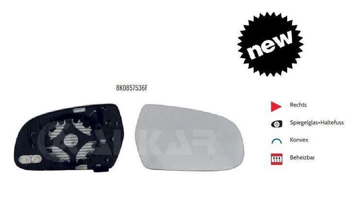 SPIEGEL SPIEGELGLAS HALTERUNG RECHTS BEHEIZT KONVEX AUDI A3 A4 A5 8K0857536F NEU - Dortmund Wickede