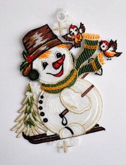 Stickereien Plauen Fensterbild Schneemann mit Schal